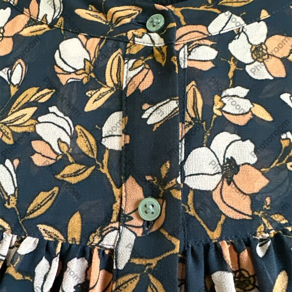 Loft Medium Blue & Pink Floral Button Long Balloon Sleeve Sheer Blouse - Picture 5 of 6